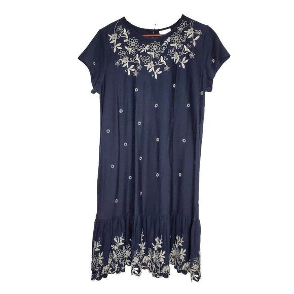 NEW J Jill Shift Dress M Floral Embroidered Jersey Knit Short Sleeve Navy Blue - Picture 1 of 5